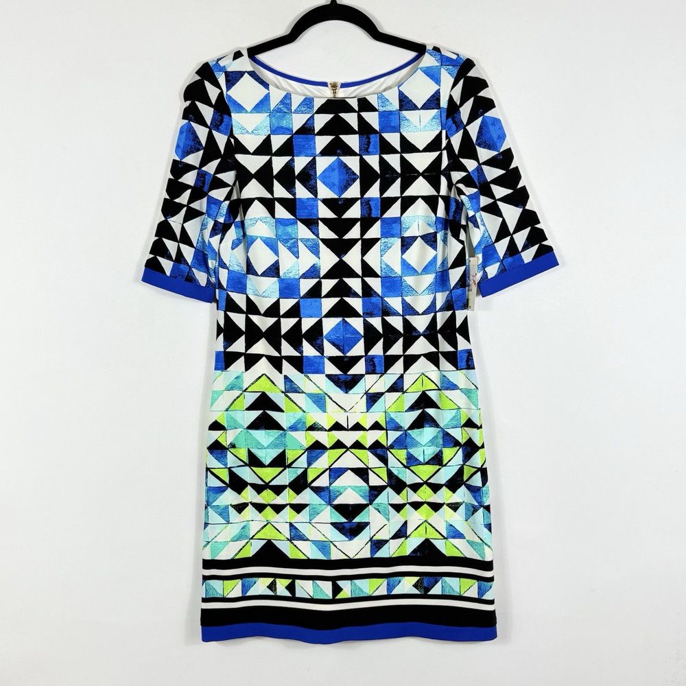 NEW Eliza J Dress Women's 4 Green Blue‎ Triangle Sheath Stretch Old Money Travel